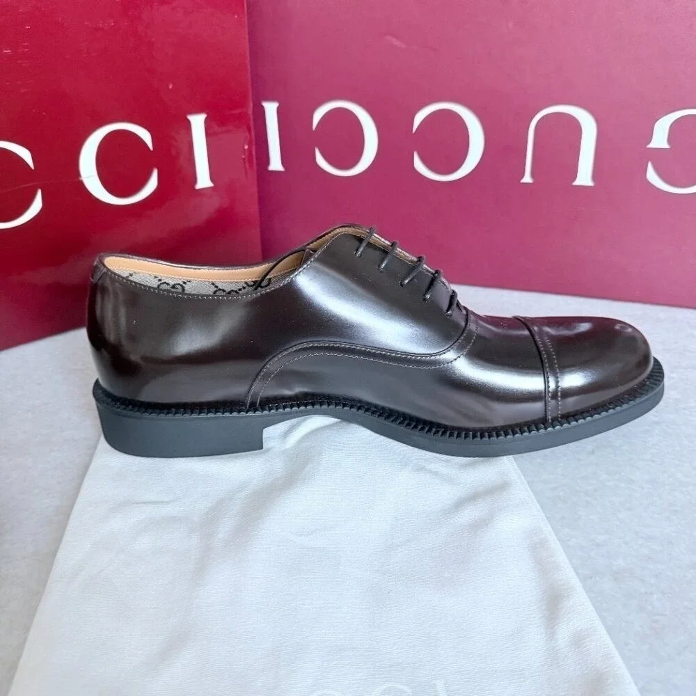 Gucci 812153 Mens Tempe‎ Cap-Toe Dark Brown Leather Oxford Shoes, UK8. US 8.5